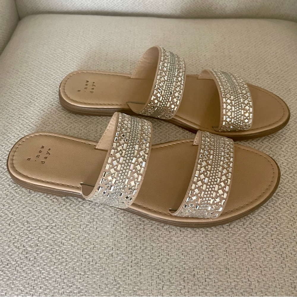 Nude sandals with crystal straps, EUC, size 9